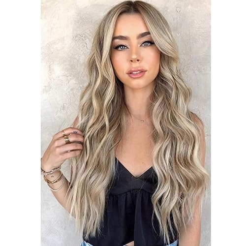 Bestswitch 26 Zoll Lange Blonde Perücken für Frauen Natürliches Synthetisches Haar Ombre Blonde Perücke mit Dunklen Wurzeln Synthetische Perücke Locker Gewellt Perücken Hitzebeständig von Bestswitch