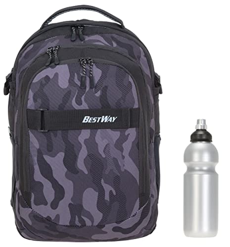 Bestway 2 Teile Set Schulrucksack Packer Jungen Mädchen Rucksack Schultasche 40177 + Trinkflasche (Black Camouflage 0117) von Bestway