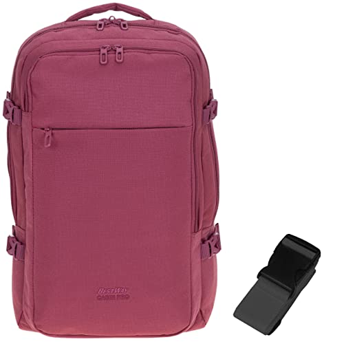 Bestway Rucksack Handgepäck Damen Herren Cabin Ultimate Pro II Reisetasche Flugzeug Bus Bahn Laptoprucksack Tasche 30 Liter Kabinengepäck 40325 + Koffergurt (Bordeaux Red (4700) + bagboom Gurt) von Bestway