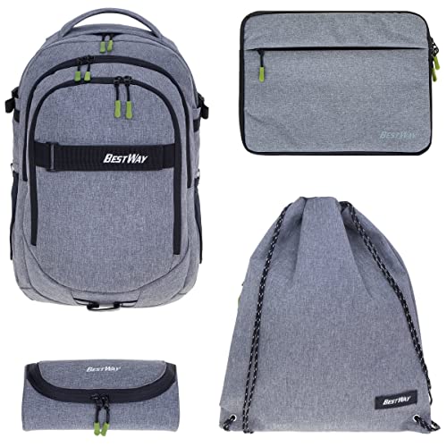 Bestway Schulrucksack 4 Teile Set Jungen Mädchen Evolution Packer Evo Schulmappe Rucksack Schultasche Laptoprucksack Schule 40177 Sportbeutel, Mäppchen, Laptop Hülle +rsm lh (Grey Black 1701) von Bestway