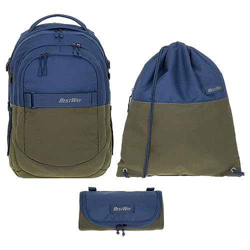 Bestway Schulrucksack Jungen Mädchen 3 Teile Set Evolution Packer Evo Schulmappe Rucksack Schultasche Tasche 40177 Sportbeutel, Mäppchen +rsm (Color Block Oliv Blue 0626) von Bestway