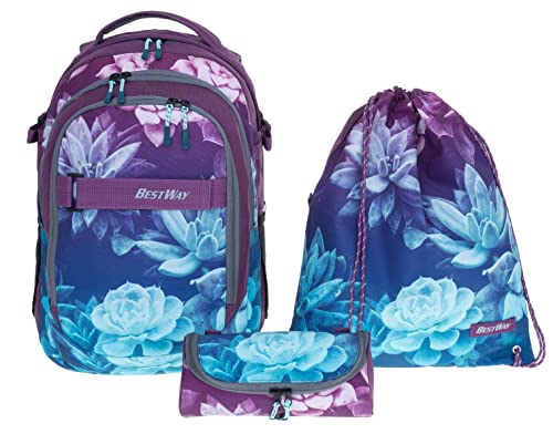 Bestway Schulrucksack Jungen Mädchen 3 Teile Set Evolution Packer Evo Schulmappe Rucksack Schultasche Tasche 40177 Sportbeutel, Mäppchen +rsm (Dark Flower 5821) von Bestway
