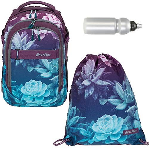 Schulrucksack 3 Teile Set Bestway Evolution Packer Jungen Mädchen Rucksack mit Sportbeutel und Trinkflasche (Dark Flower 5821) von Bestway