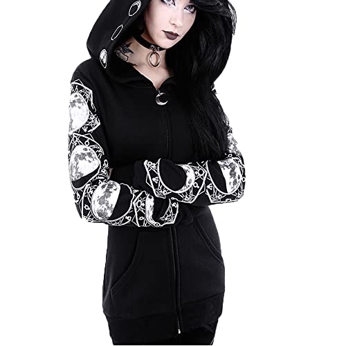 Bestwo Damen Mond Gothic Hexencraft Kapuzenjacke Occult Langarm Punk Hoodie Jacke Mid Long Sweatshirt von Bestwo