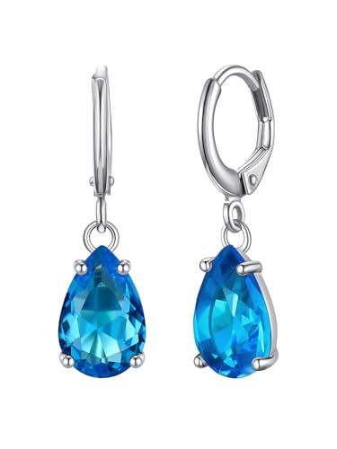 Bestyle 925 Silber Ohrringe Blautopas birnenförmig Geburtssteine Dezember Geburtstags Geschenk Federklammer-Ohrbügel von Bestyle