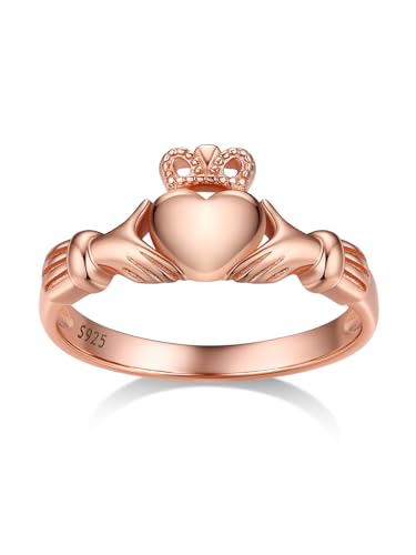 Bestyle Claddagh Ring Silber 925 Damen Irish Krone Fingerring Keltische Herz Liebesring Freundschaftsring Verlorbungsring Geschenke für Damen Mädchen, Roségold, Ringgröße 49 von Bestyle