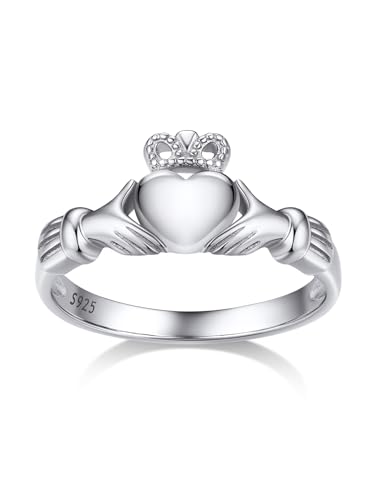 Bestyle Claddagh Ring Silber 925 Damen Irish Krone Fingerring Keltische Herz Liebesring Freundschaftsring Verlorbungsring Geschenke für Damen Mädchen, Weißgold, Ringgröße 49 von Bestyle