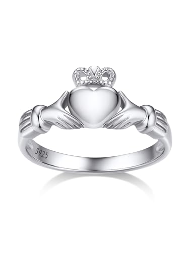 Bestyle 925 Sterling Silber Claddagh Ring, Irish Claddagh Ring Keltische Herz Liebesring Freundschaftsring Verlorbungsring Geschenke für Damen Mädchen, Weißgold, Ringgröße 65 von Bestyle