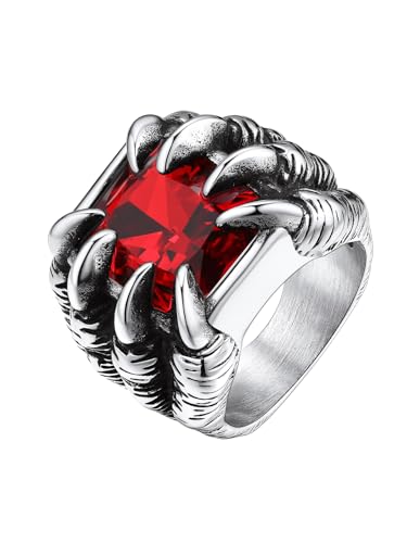 Bestyle Bandring Herren Edelstahl Dragon Claw Ring mit Rot Stein Vintage Punk Biker Ringe Männer Gotischer Fingerring Modeschmuck, Silber, Ringgröße 62 von Bestyle