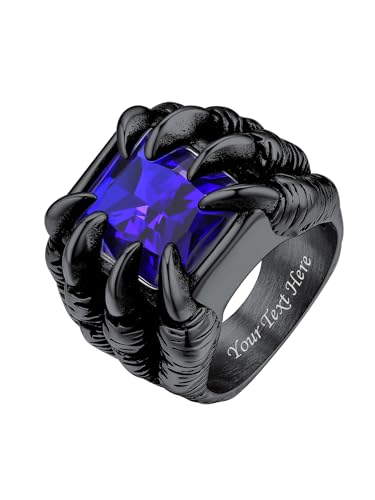 Bestyle Blauer Zirkonia Ring Vintage Dragon Claw Ring Edelstahl Chunky Gothic Synthetische Edelstein Biker Herrenring mit Gravur Männliche Geschenke für Liebhaber, Schwarz, Ringgröße 57 von Bestyle