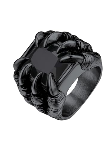 Bestyle Chunky Gothic Dragon Ring mit Edelstein Retro Bandring Synthetischer Schwarzer Achat Männlicher Ring Punk Biker Herrenring, Edelstahl, Schwarz, Größe 70 von Bestyle