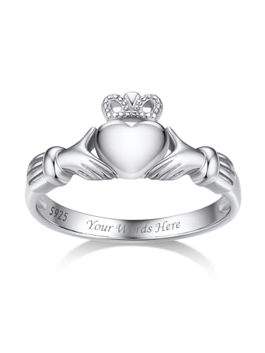 Bestyle Claddagh Ring Silber 925 Irischer Herz Fingerring mit Textgravur Freundschaftsring Verlorbungsring Personalisierte Ehering für Frauen Paar, Weißgold, Ringgröße 52 von Bestyle