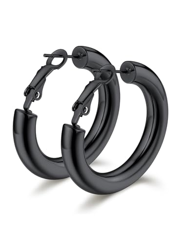 Bestyle Creolen Schwarz Damen Ohrringe Chirurgenstahl Frauen 30MM Klein Huggie Hypoallergen Ohrringe Edelstahl Klobige Creolen Chunky Earrings Helix Knorpel Ohrringe für Mädchen Freundin Mama von Bestyle