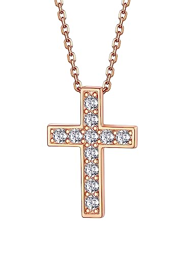 Bestyle Cross Kette mit Anhänger für Damen 925 Sterling Silber Kreuzanhänger mit weißen Zirkonia Länge 40cm plus 5cm Halsschmuck Geschenk für Frauen Mutter Tochter Rosegold von Bestyle