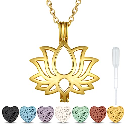 Bestyle Damen Kette Gold Lotus Aromatherapie Anhänger Ätherische Öle Diffusor Halskette Duft Glückselefant mit 7 wiederverwendbaren, farbigen Lavasteinen von Bestyle