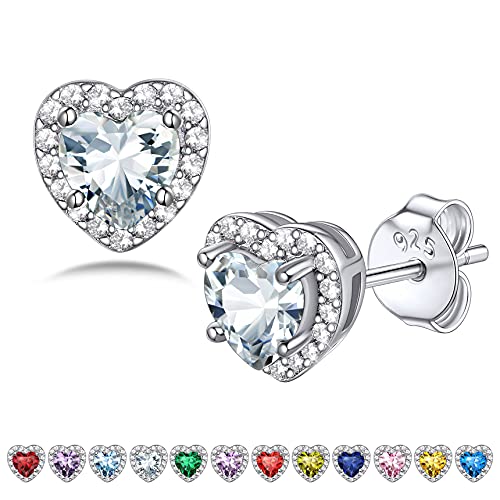 Bestyle Damen Ohrringe Silber 925, Kleine Herz Zirkonia Ohrstecker Halo Classic Earrings Jahrestag Geburtstagsgeschenke für Mama Mädchen, Geburtsstein Ohrschmuck, April von Bestyle