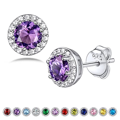 Bestyle Traditionelle Cubic Zirconia Runde Brillantschliff Cz Halo Solitär Ohrstecker für Frauen 925 Sterling Silber Amethyst Edelsteine Lila Ohrringe Damen von Bestyle