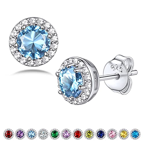 Bestyle Zirkonia Ohrringe Modische S925 Silber Frauen Aquamarin Ohrstecker Elegant Exquisite Kristalle Damenohrringe Runde Ohrringe Ohrschmuck von Bestyle