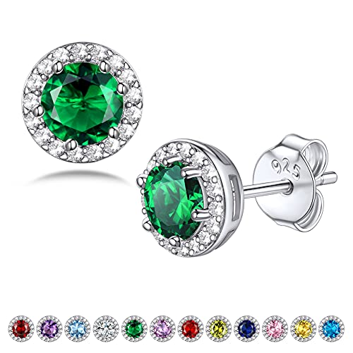 Bestyle Round Sparkle Ohrringe 925 Damen Geburtsstein Ohrstecker mit Zirkonia Birthstone für Frauen Smaragd Ohrstecker Geschenk für Geburtstag von Bestyle