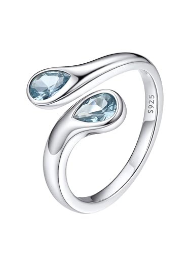 Bestyle Daumenring Damen Silber 925 Offen Verstellbare Ring Blaue Stein Einfacher Ring Teardrop Chunky Rings Silver Frauen Stressring mit Geburtsstein Aquamarin von Bestyle