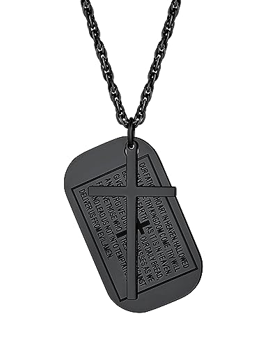 Bestyle Dog Tag Halskette Vaterunser Erkennungsmarke Kreuz Gebet Anhänger Edelstahl Militär Police Armee Kette religiöser Modeschmuck für Männer Frauen, Schwarz, 55+5cm von Bestyle