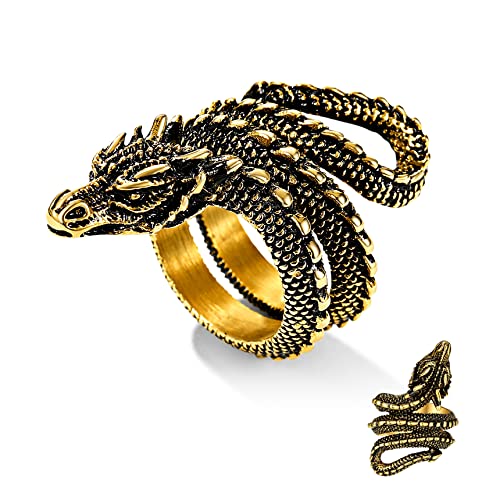 Bestyle Drachen Ring Edelstahl Punke Fingerring Herren Jungen Frauen Unisex Gothic Modeschmuck Daumenring mit Gravur Dragons Geschenk Gold 59.37(18.9) von Bestyle