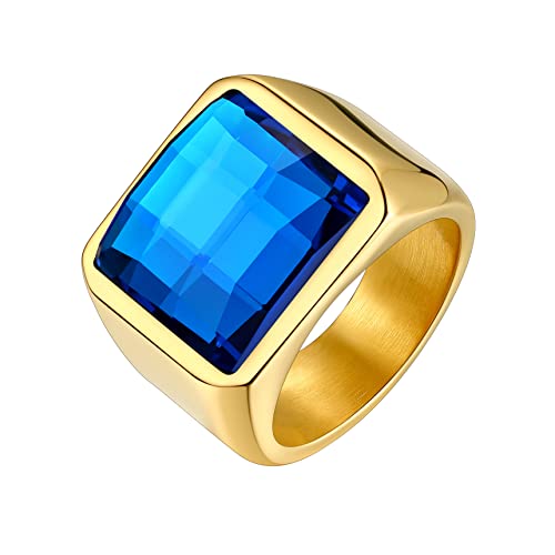 Bestyle Edelstahl Fingerring Herren mit Blau Stein Cubic Zirkonia CZ Band Ringe für Männer, Fingerring Versprechen Ring für Hochzeit Verlobung Valentinstag,Gold,Größe 60 von Bestyle