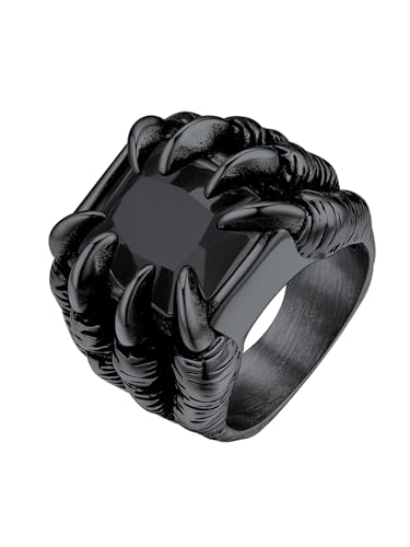 Bestyle Edelstahl Herren Ring mit Stein Schwarz Gothic Biker Bandring Dragon Claw Retro Ring Synthetischer Achat Männlicher Ring Schmuck Siegelring, Schwarz, Ringgröße 62 von Bestyle