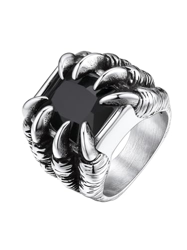 Bestyle Edelstahl Herren Ring mit Stein Schwarz Gothic Biker Bandring Dragon Claw Retro Ring Synthetischer Achat Männlicher Ring Schmuck Siegelring, Silber, Ringgröße 72 von Bestyle