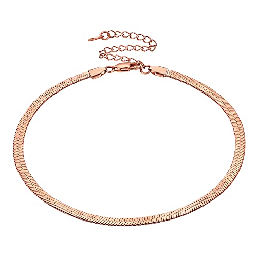 Bestyle Flache Schlangenkette Edelstahl Damen, Snake Necklace Women, Halekette ohne Anhänger für Frauen mit Verschluss,Länge 46-55cm, Breite 5mm, Rosegold von Bestyle