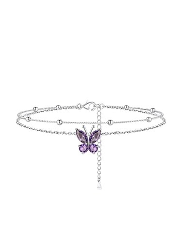 Bestyle Fußkettchen Silber 925 Damen Amethyst Stein Februar Schmetterling Geburtssteine Doppelte ineinandergreifende Perlenkette Verstellbare 22+5cm von Bestyle