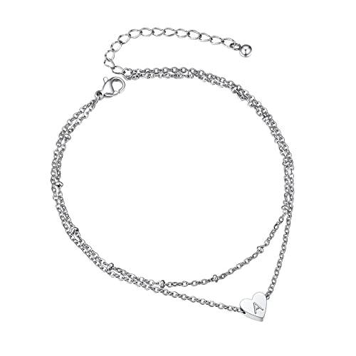 Bestyle Fußkettchen für Damen Edelstahl Doppelte Fußkette Sommer Fußband 26 Buchstaben Anklet for Women Silber Buchstabe A von Bestyle