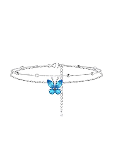 Bestyle Fußkettchen für Damen silber 925 Damen Blautopas Stein Dezember Schmetterling Geburtssteine Doppelte ineinandergreifende Perlenkette Verstellbare 22+5cm von Bestyle