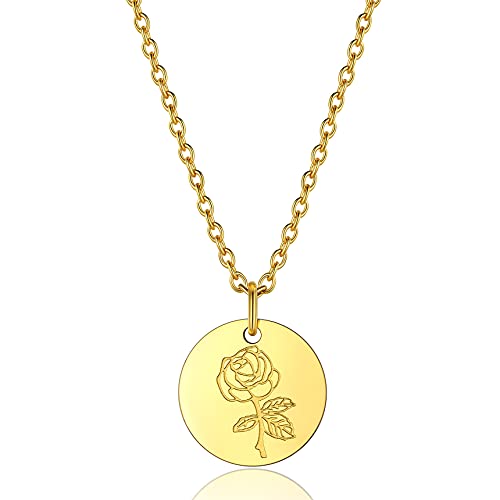 Bestyle Geburtsmonat Blume Halskette Damen Münze Anhänger Versprechen Halskette Juni Rose Geburtsblumen Schmuck aus 316L Edelstahl mit 45+5cm Rolokette Gold von Bestyle