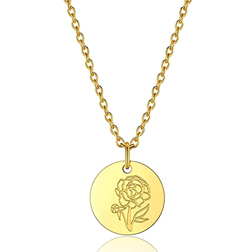 Bestyle Geburtsmonat Blume Halskette Damen Münze Anhänger Versprechen Halskette September Pfingstrose Geburtsblumen Schmuck aus 316L Edelstahl mit 45+5cm Rolokette Gold von Bestyle