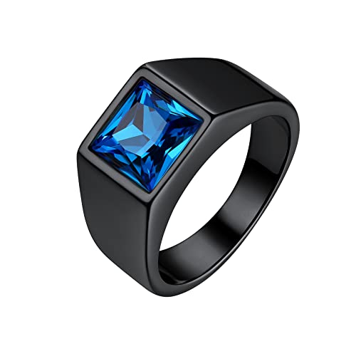 Bestyle Herren Ring Blauer Saphir 8 * 8mm Quadrat Schliff Edelstein Bandring Männer Gothic-Ring Siegelring Fingerring für Papa Vater,Schwarz,Größe 72 von Bestyle