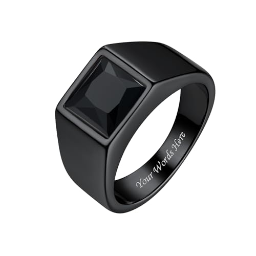 Bestyle Herren Ring Edelstahl mit Schwarzem Stein Bandring Schwarzer Onyx Biker Ring mit Gravur, 8 * 8mm Achat Pinky Daumen Ring für Papa Vater Personalisierter Schmuck Geschenk, Größe 65, Schwarz von Bestyle