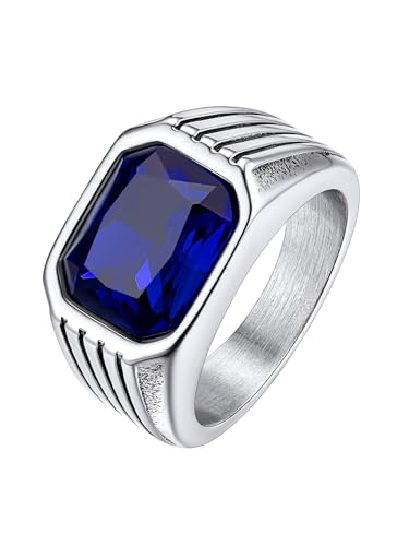 Bestyle Herren Ringe 10 * 12mm Quadrat Schliff Edelstein Blauer Saphir Ring Bands Ring für Männer Gothic-Ring Siegelring Fingerring, Silber, Größe 60 von Bestyle