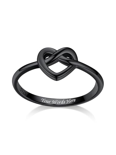 Bestyle Herz Ring Silber 925 Damenring mit Text Gravur, Knotted Heart Fingerring Personalisierbarer Silberring dünner Vorsteckringe, Schwarz, Ringgröße 49 von Bestyle