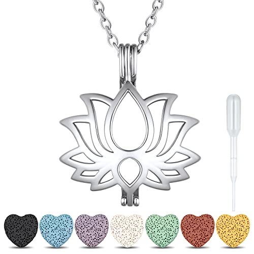 Bestyle Kette Damen Lotus Anhänger Aromatherapie ätherisches Öl Diffusor Frauen Halskette versilbert Dreamcatcher Anhänger mit 7 Stück Lava Steinen von Bestyle