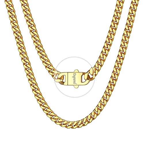 Bestyle Kette Herren Edelstahl goldene Panzerkette 5mm Hip Hop Gliederkette mit Gravur Miami Cuban Link Chain ohne Anhänger Kettenlänge 45cm Personalisiertes Geschenk für Damen Jungen Rapper von Bestyle