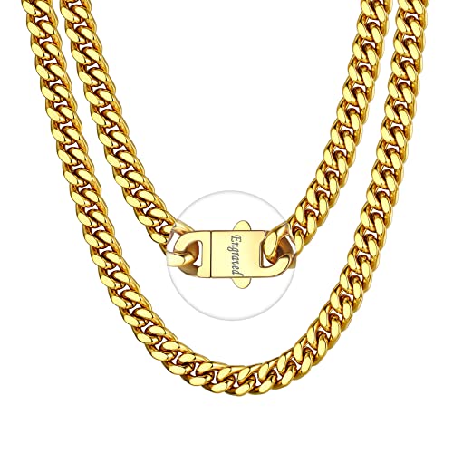 Bestyle Kette Herren Edelstahl goldene Panzerkette 9mm Hip Hop Gliederkette mit Gravur Miami Cuban Link Chain ohne Anhänger Kettenlänge 55cm Personalisiertes Geschenk für Damen Jungen Rapper von Bestyle