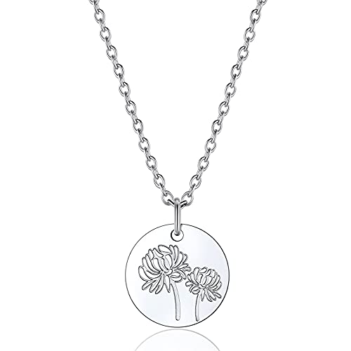 Bestyle Ketten für Damen Geburtsblumen Halskette aus Edelstahl Trendiger Rundanhänger mit Blume Chrysantheme November Geburtsmonat Silberkette von Bestyle