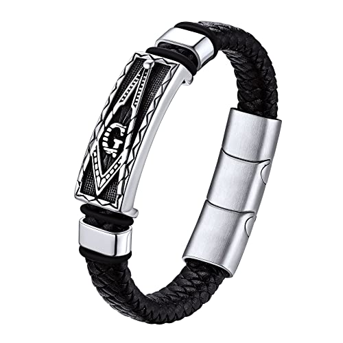 Bestyle Lederarmband Männer Edelstahl Freimaurerei Armbänder mit Magnet Verschluss für Herren Echtlederarmband geflochten Armkette Armbänder, 23cm, Silber von Bestyle