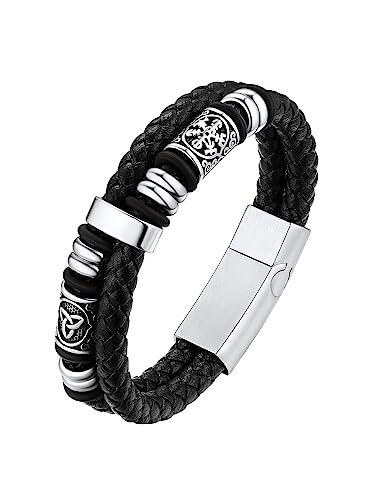 Bestyle Lederarmband Männer Schmuck, Wikinger Armband mit Magnet Verschluss, Kompass Armkette, Leder Armbänder Herren Armschmuck Accessoire, Silber, Länge 21cm von Bestyle