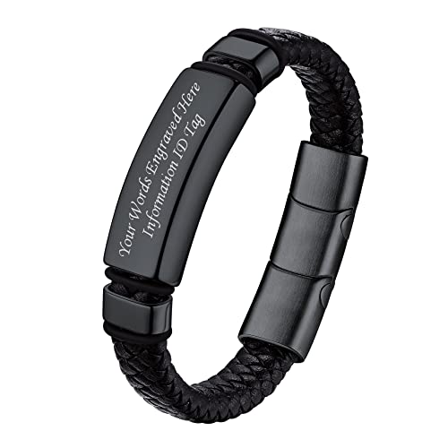 Bestyle Männer Armband mit Gravur Premium Lederarmband 23cm Armbänder mit Magnetverschluss geflochten Echtleder Armkette Armschmuck Accessoire, Schwarz von Bestyle