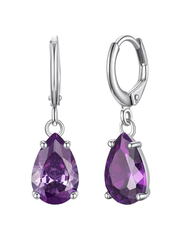Bestyle Ohrringe Silber 925 Amethyst birnenförmig Geburtssteine Februar Geburtstags Federklammer-Ohrbügel von Bestyle
