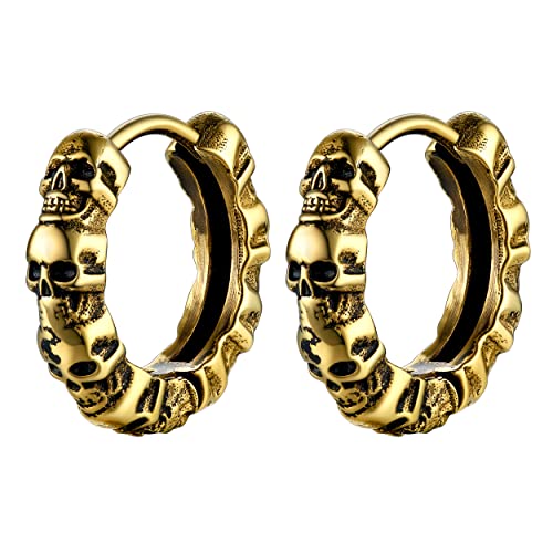 Bestyle Ohrringe für Damen Totenkopf Creolen Edelstahl Schläfer Ohrring Kleine Scharnier Huggie Hoop Earrings Halloween Schmuck Gold von Bestyle