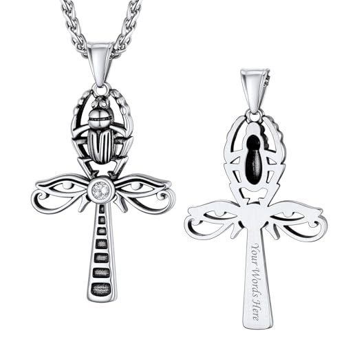 Bestyle Personalisierte Halskette Horus Auge Anhänger Ägyptisches Kreuz Skarabäus Schmuck Herren Edelstahlkette mit Gravur 56 CM Silber von Bestyle