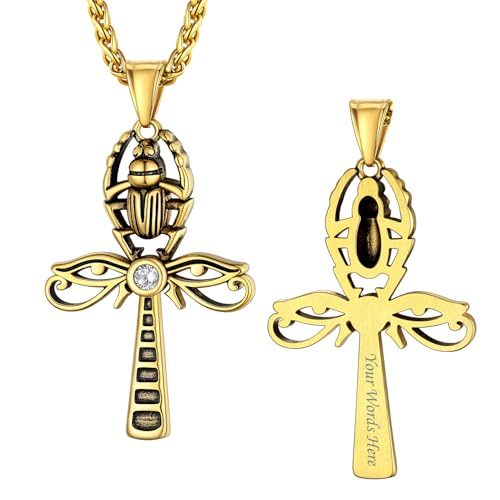 Bestyle Personalisierte Halskette Horus Auge Anhänger Ägyptisches Kreuz Skarabäus Schmuck Herrenschmuck Edelstahlkette mit Gravur 56 CM Gold von Bestyle